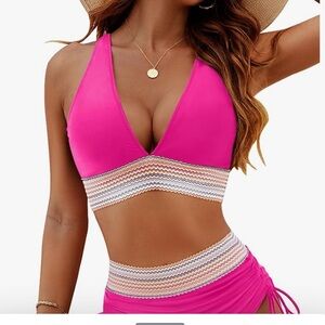 Women's Pink Two-Piece Swimsuit high waisted tummy control modest Blooming Jelkt